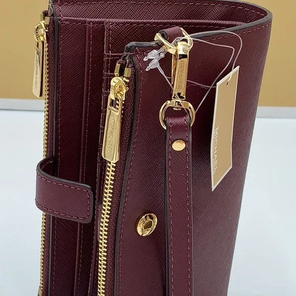 MICHAEL KORS LG DOUBLE ZIP WRISTLET DARK CHERRY MERLOT MULBERRY PHONE CASE NWT - Picture 12 of 16